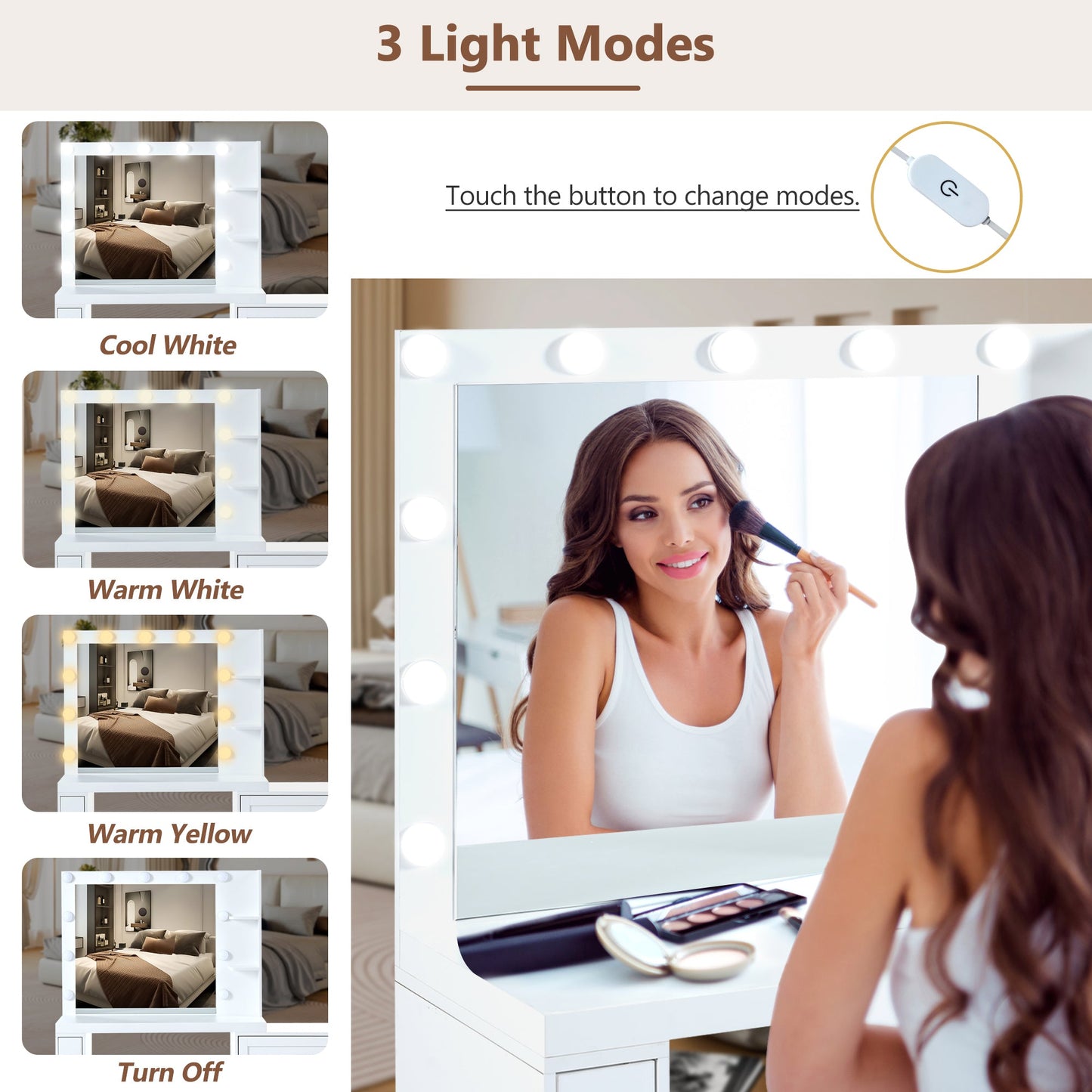 55.2" Vanity Desk With Freely Adjustable Side Cabinet, Makeup Vanity With Hollywood Lights, 5 Storage Drawers & 2-Shelve