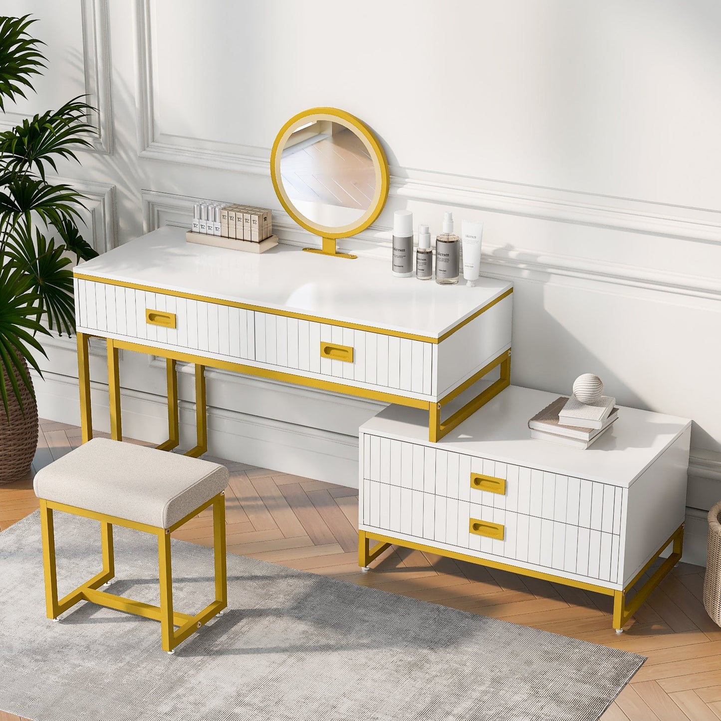 Modern Style Vanity Table With Movable Side Cabinet and 4-Drawers, Large Size Dressing Table With Mirror and 3-Colors