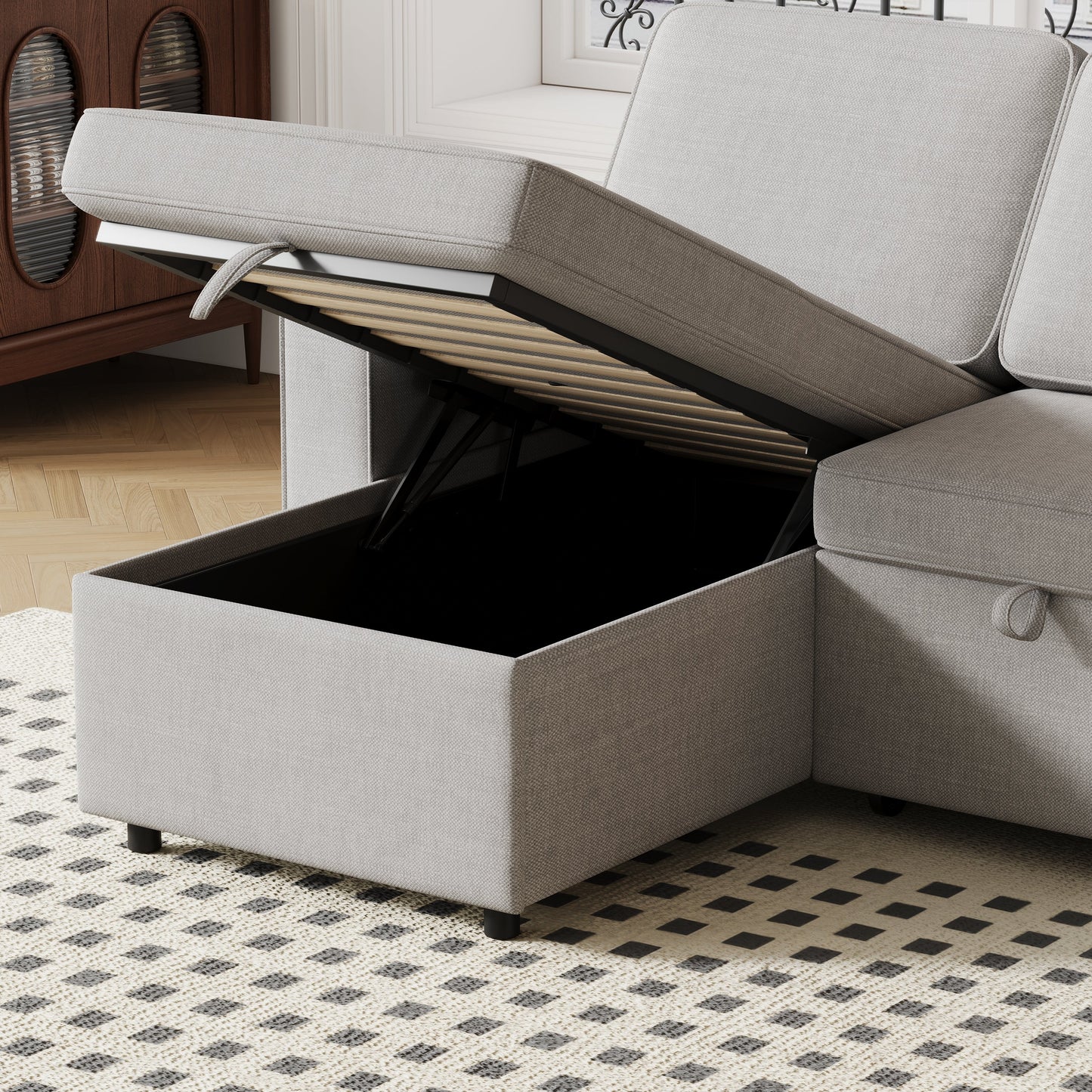 85.8" Pull Out Sleeper Sofa L-Shaped Couch Convertible Sofa Bed With Storage Chaise and Storage Racks,With USB Port
