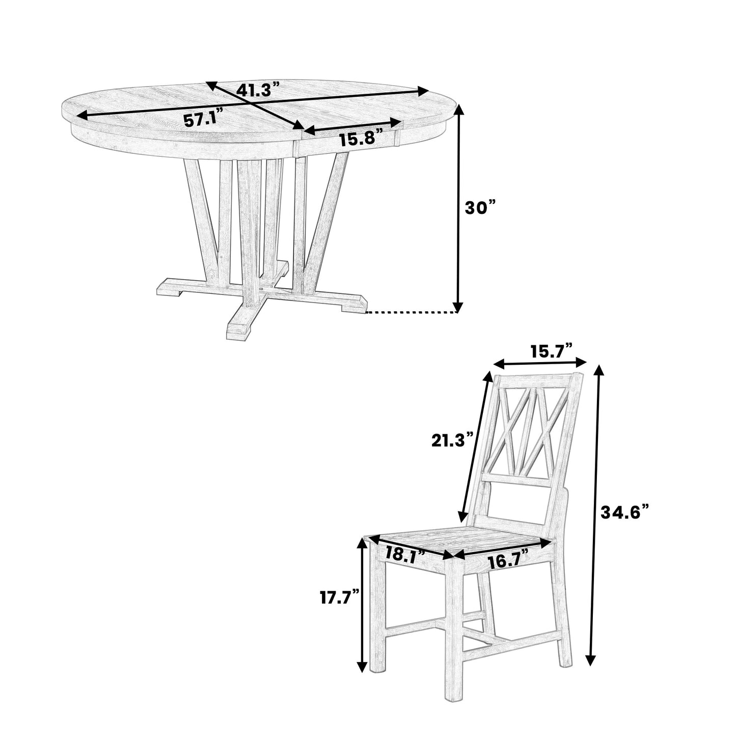 Rustic 5-Piece Extendable Dining Table Set Round Trestle Table and 4 Cross Back Dining Chairs for Kitchen, Dining Room