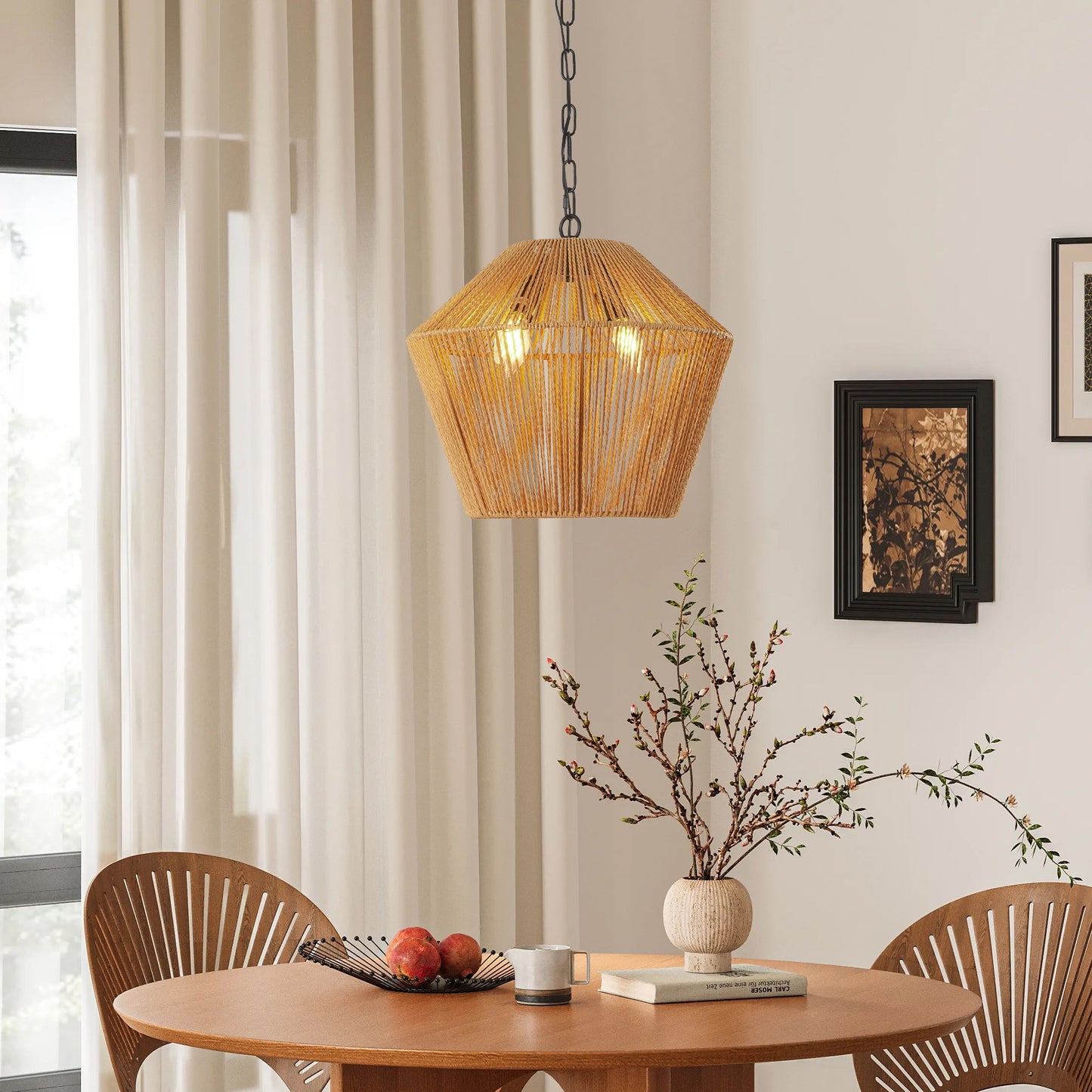 Boho Hemp Rope Pendant Light, Handcrafted Farmhouse Hanging Light Fixture for Kitchen Island, Dining Room, or Bedroom