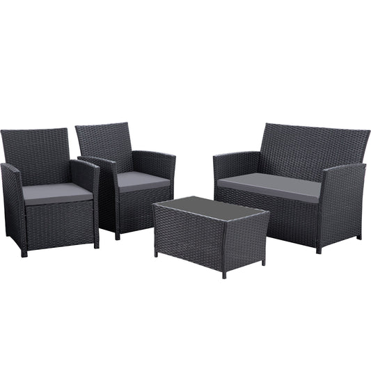 4 Piece Outdoor PE Wicker Furniture Set, Patio Black Rattan Sectional Sofa Couch With Washable Cushions