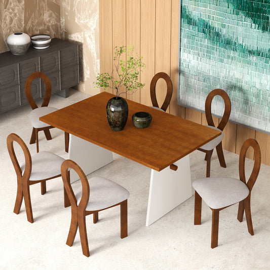 Modern 7-Piece Dining Table Set With Trestle Dining Table and 6 Upholstered Dining Chairs, Compact Kitchen Table