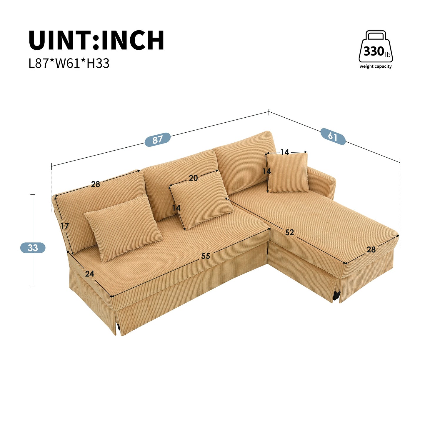 87*61"Modern L-Shaped Corduroy Sofa With Reversible Chaise,4-Seat Upholstered Sectional Indoor Furniture,Convertible