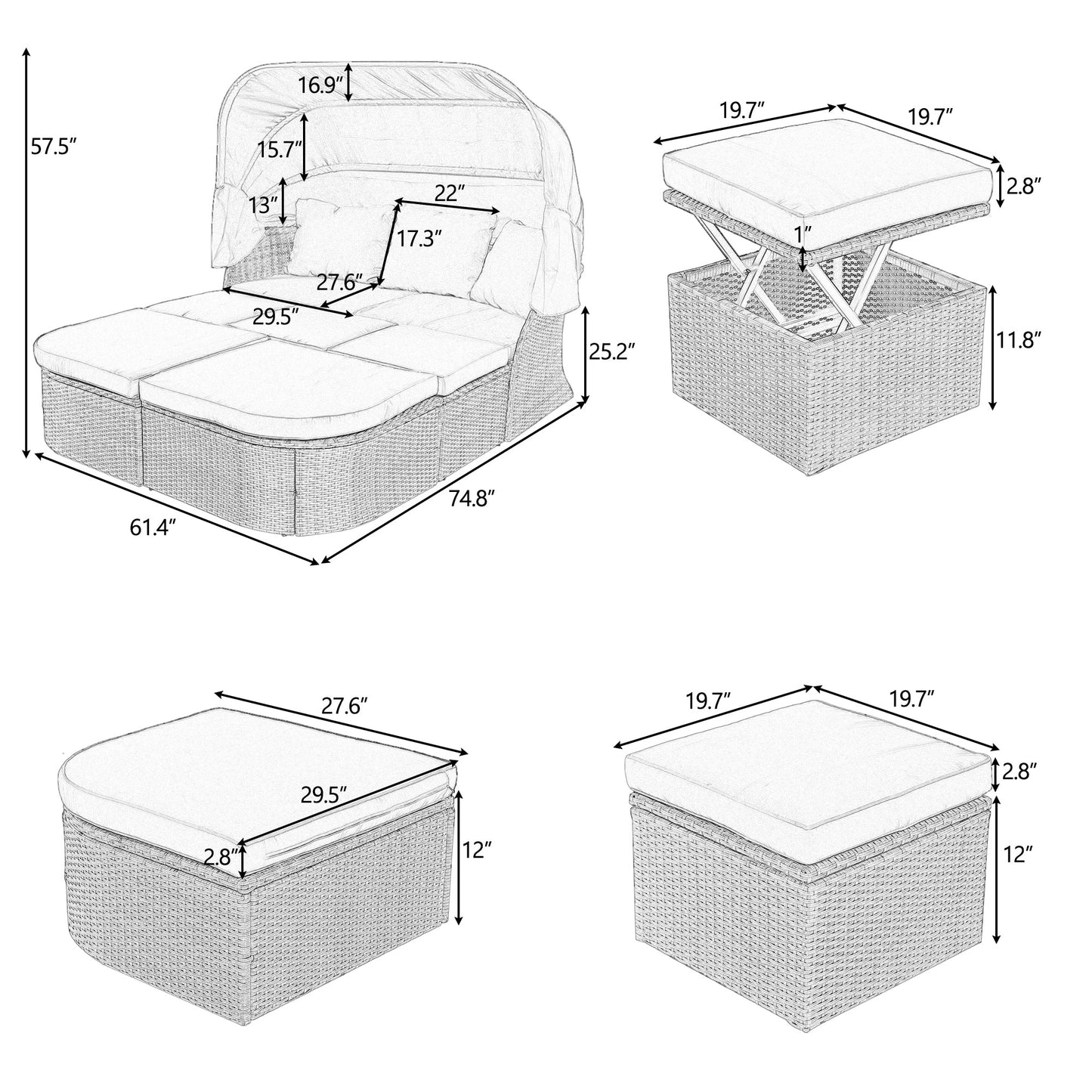 Outdoor Patio Furniture Set Daybed Sunbed With Retractable Canopy Conversation Set Wicker Furniture