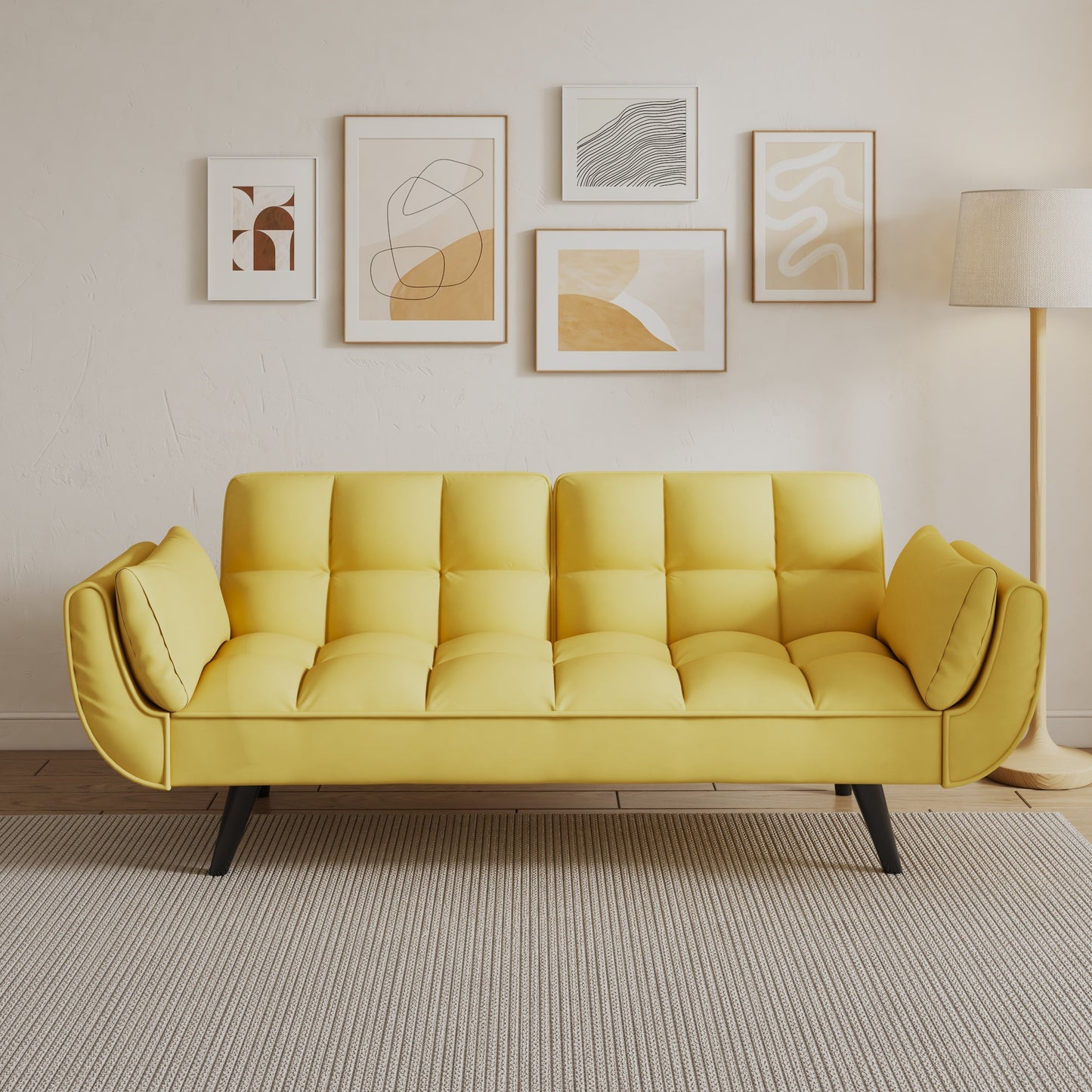 57 Inch Yellow Sofa Soft Two Armrests Throw Pillow Pillow Comfortable Fit Apartment Bedroom Small Space