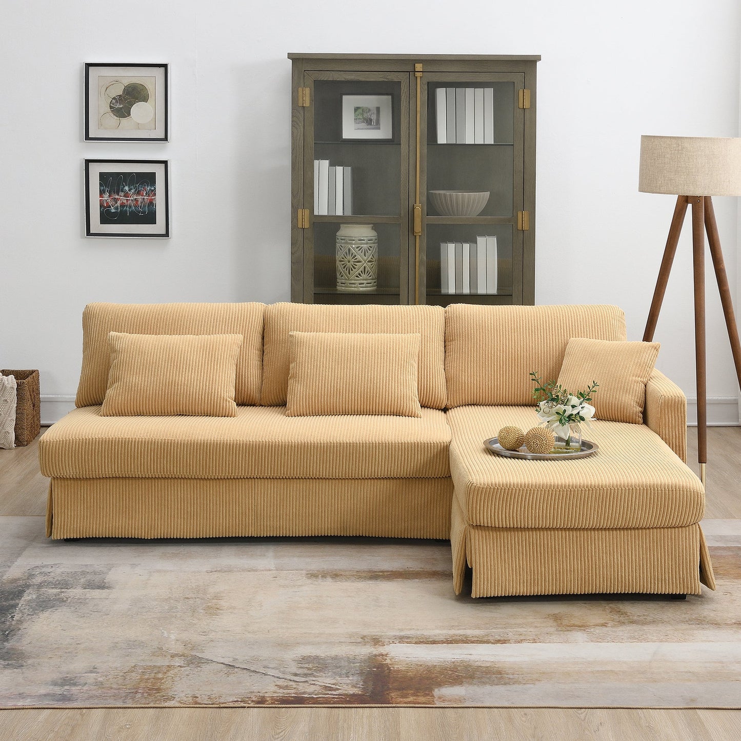 87*61"Modern L-Shaped Corduroy Sofa With Reversible Chaise,4-Seat Upholstered Sectional Indoor Furniture,Convertible