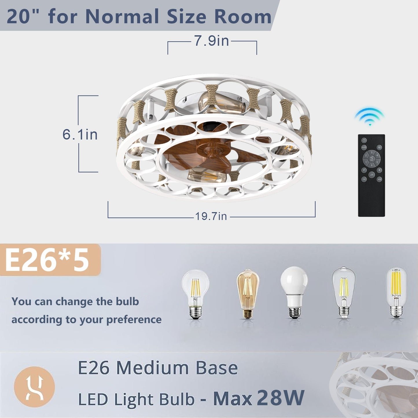 Caged Ceiling Fan With Lights Remote Control,Semi -Embedded Modern Ceiling Fans, 6 Speeds Reversible Blades, 4 LED Bulbs