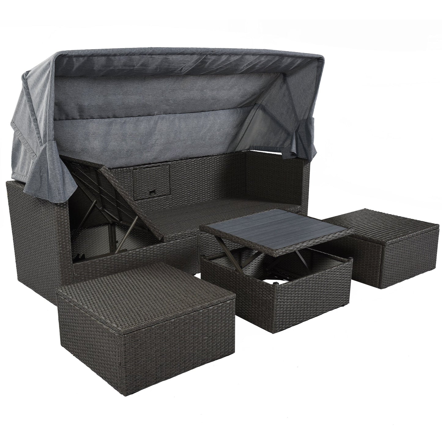 Outdoor Patio Rectangle Daybed With Retractable Canopy,  Wicker Furniture Sectional Seating With Washable Cushions