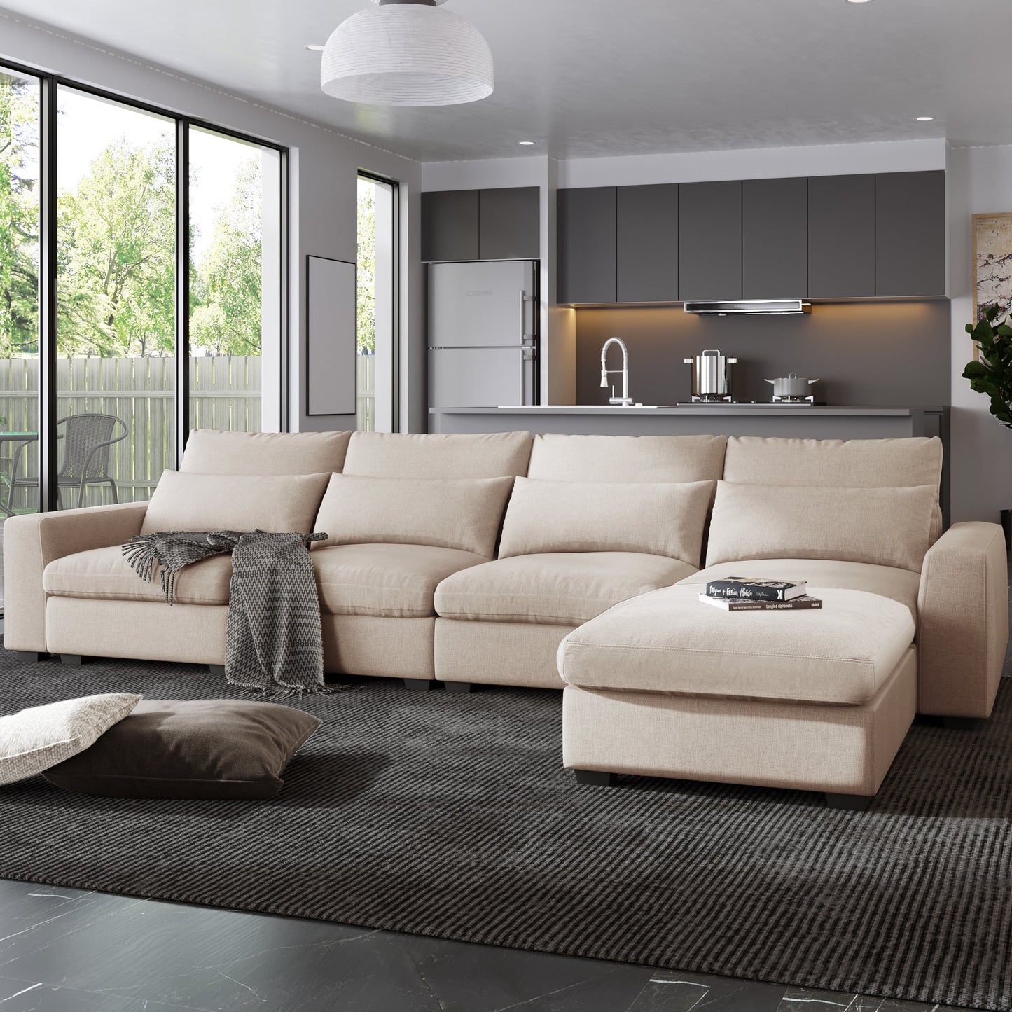 Modern Large L-Shape Feather Filled Sectional Sofa,  Convertible Sofa Couch