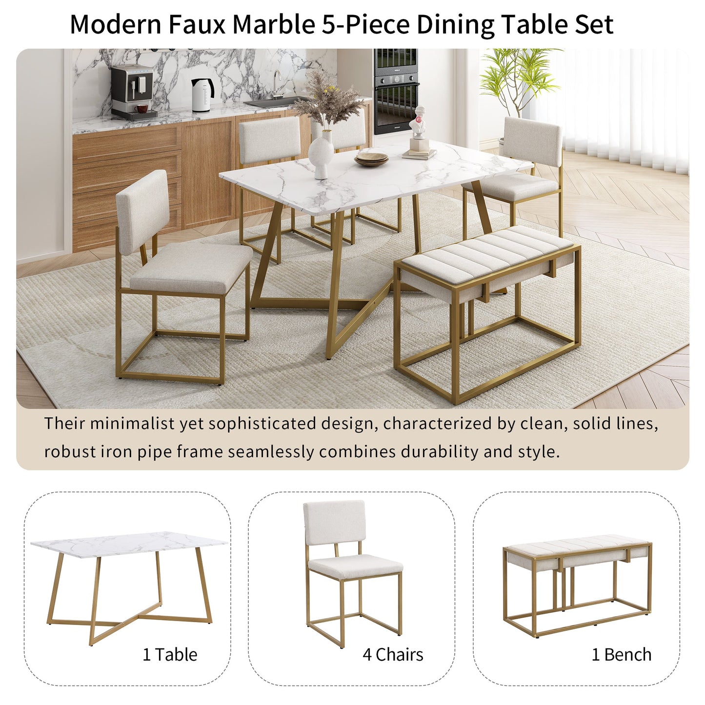 Modern Faux Marble 6-Piece Dining Table Set,60inch Metal Kitchen Table Set With Upholstered Dining Chairs and Bench