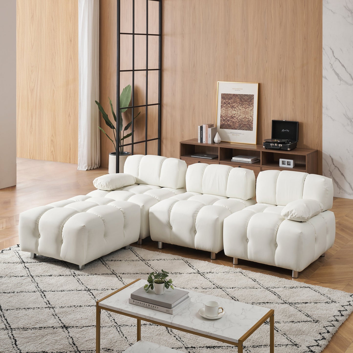 A 90.60-Inch Technology Cloth Beige Sofa, Waterproof, Stain and Cat Scratch Resistant, Can Comfortably Sit
