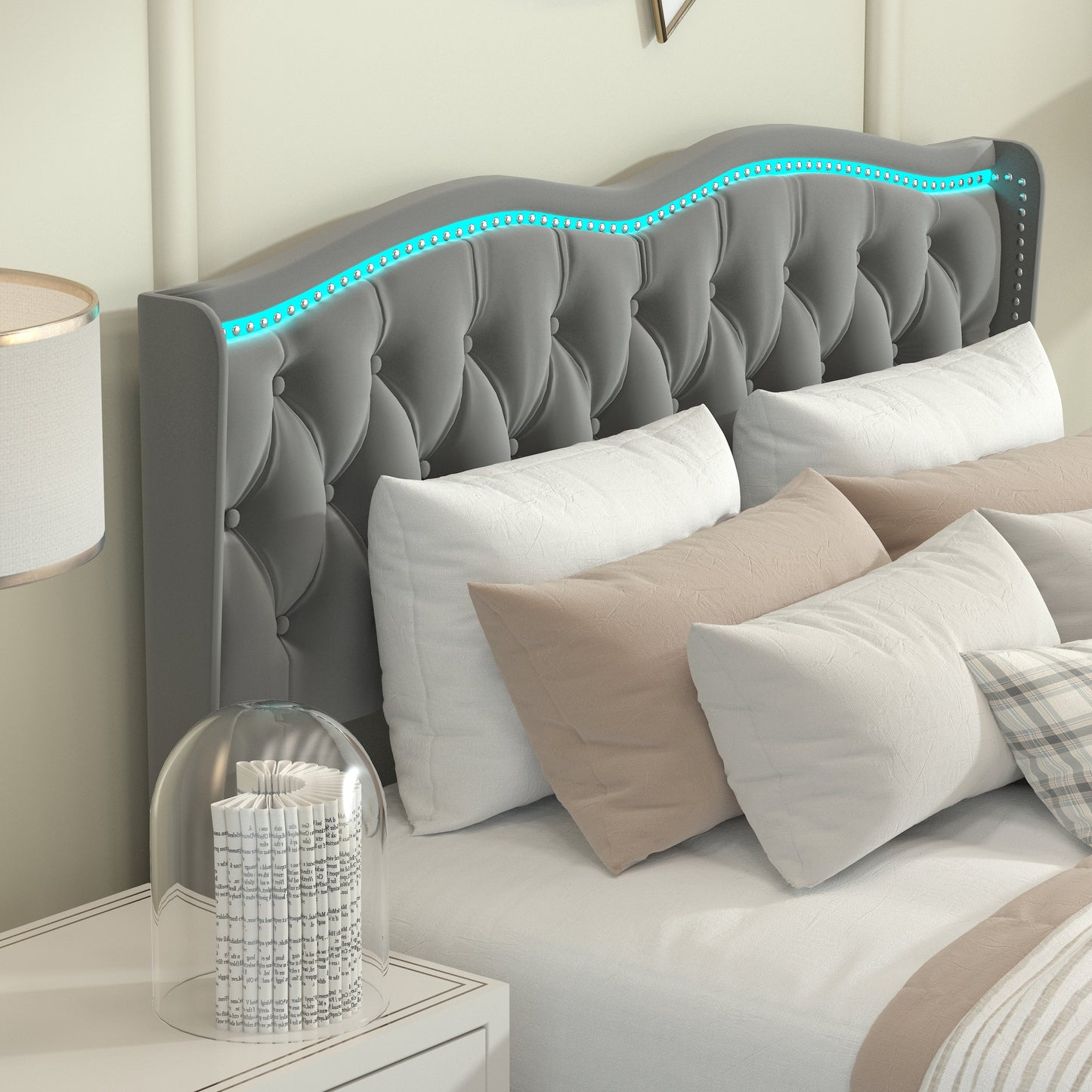 Queen Platform Bed Frame , Velvet Upholstered Bed With Deep Tufted Buttons and Nailhead Trim, Adjustable Colorful LED