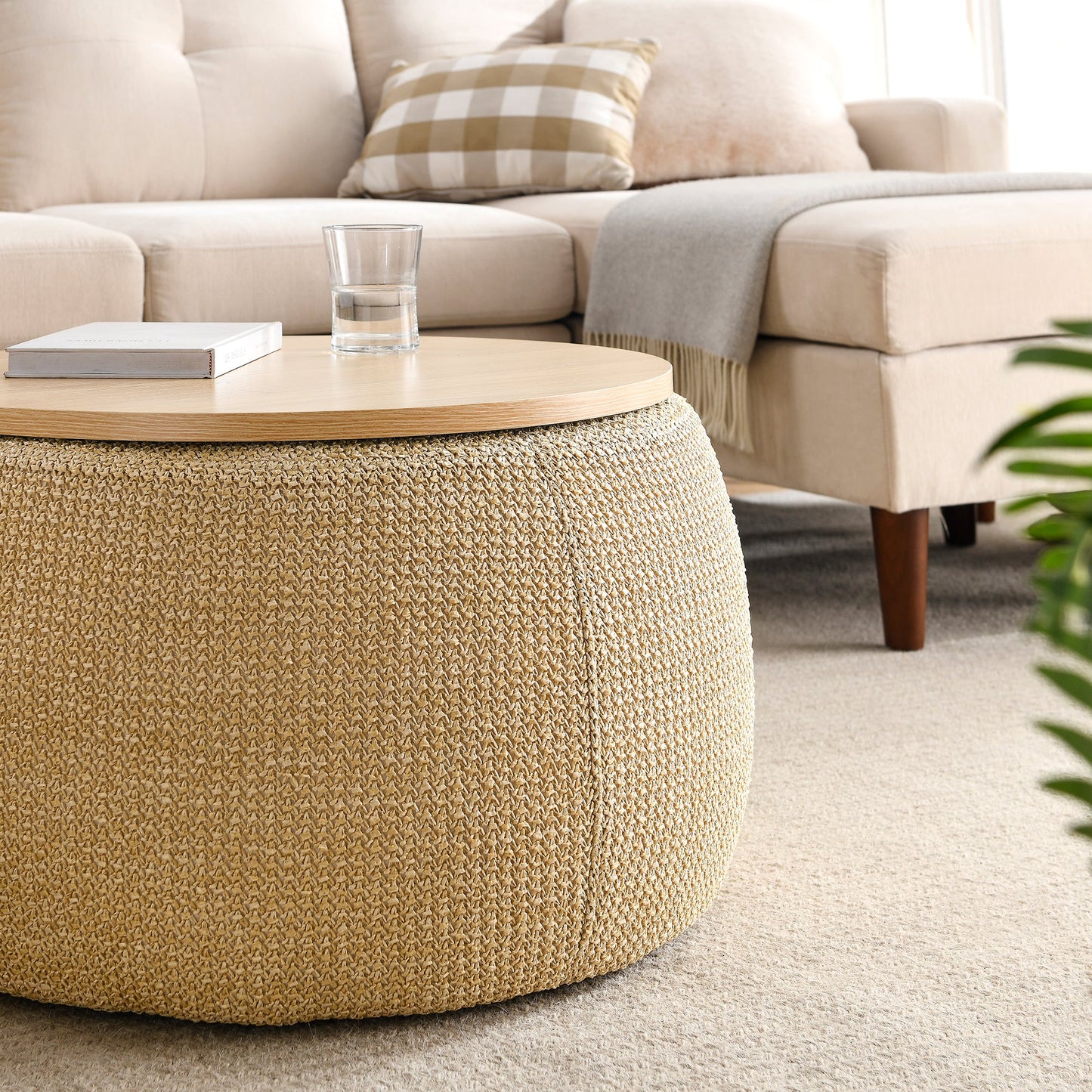 Round Storage Ottoman, 2 in 1 Function, Work as End Table and Ottoman, Natural (25.5"x25.5"x14.5")