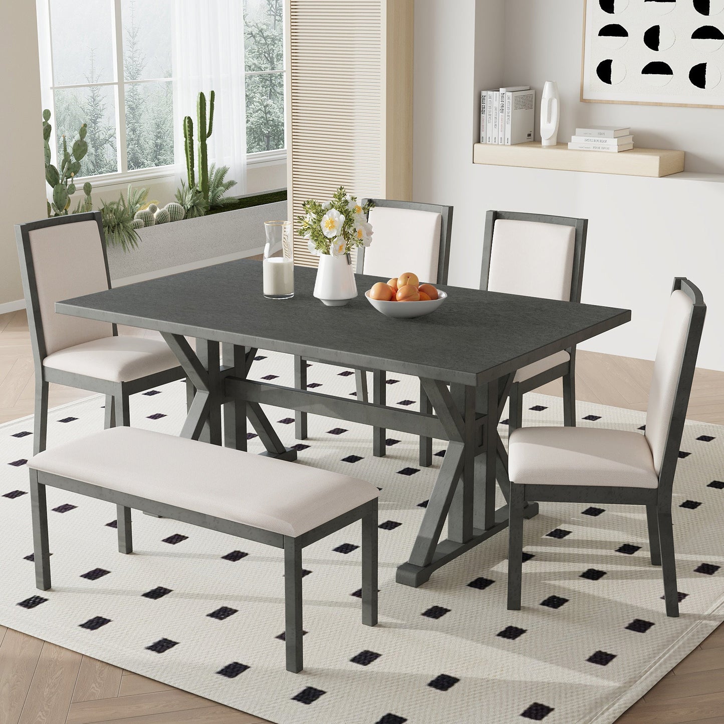 Farmhouse Classical 6-Piece Dining Table Set With Trestle Legs,Kitchen Table Set for 6 With 4 Upholstered Dining Chairs