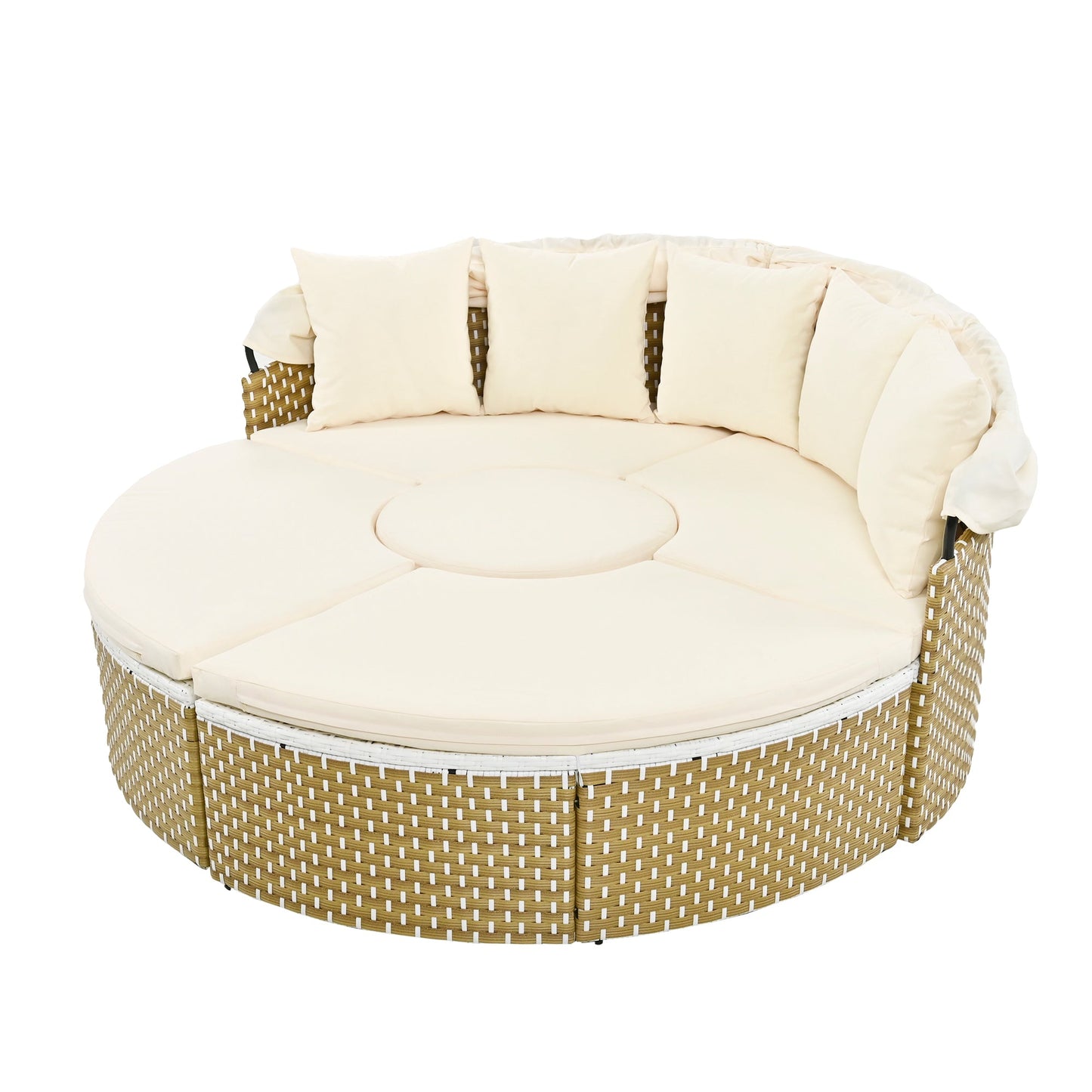 Patio Furniture Round Outdoor Sectional Sofa Set Rattan Daybed Two-Tone Weave Sunbed With Retractable Canopy
