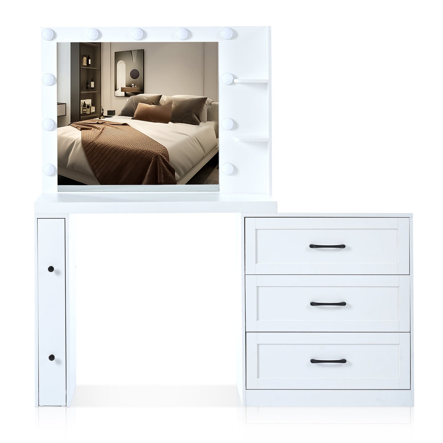 55.2" Vanity Desk With Freely Adjustable Side Cabinet, Makeup Vanity With Hollywood Lights, 5 Storage Drawers & 2-Shelve