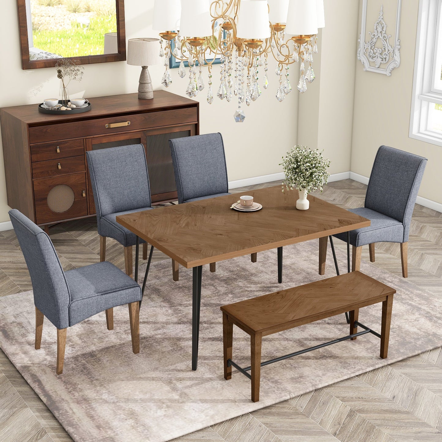 Modern 6-Piece Dining Table Set With V-Shape Metal Legs, Wood Kitchen Table Set With 4 Upholstered Chairs and Bench