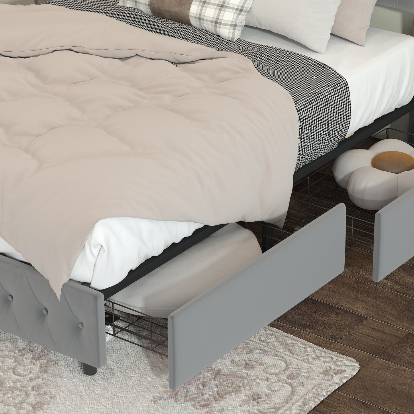 Queen Platform Bed Frame , Velvet Upholstered Bed With Deep Tufted Buttons and Nailhead Trim, Adjustable Colorful LED