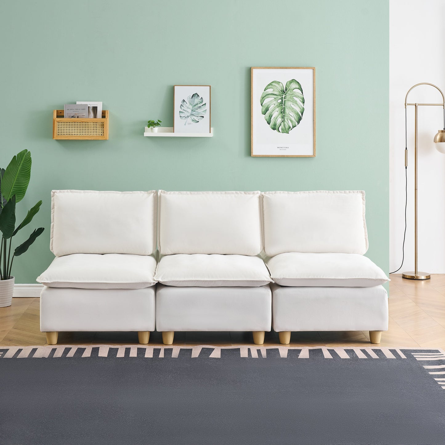 88-Inch Simple, Modern and Ultra-Comfortable Straight-Row Three-Seater Off-White Flannel Sofa Is Suitable for Living Room
