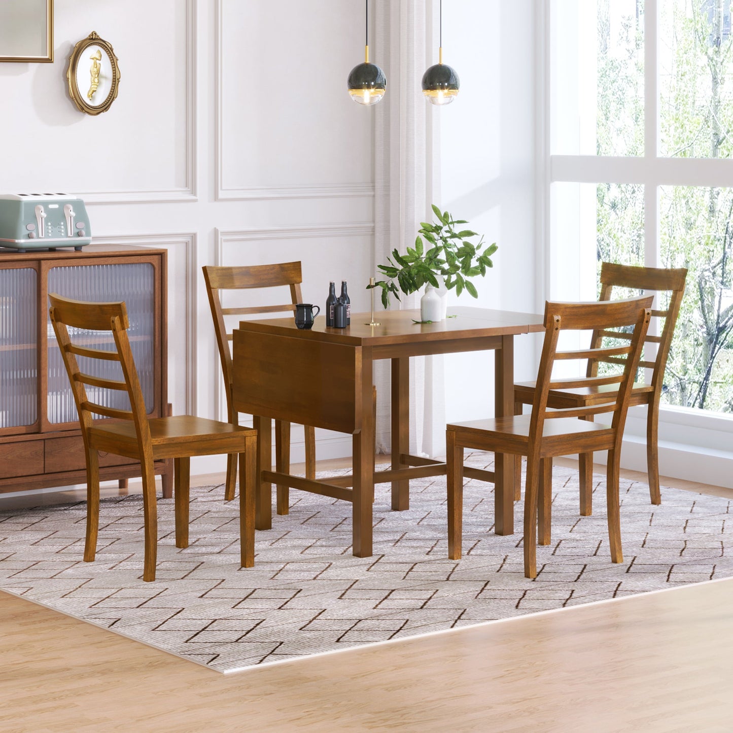 5-Piece Wood Square Drop Leaf Breakfast Nook Extendable Dining Table Set With 4 Ladder Back Chairs for Small Places