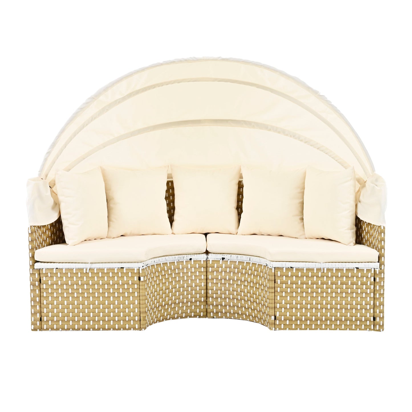 Patio Furniture Round Outdoor Sectional Sofa Set Rattan Daybed Two-Tone Weave Sunbed With Retractable Canopy