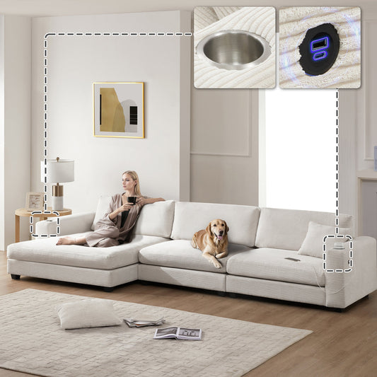 134*54"Oversized Corduroy Sectional Sofa,L Shaped Cloud Couch With USB Charging Port,Cup Holder,Deep Seat Sofa Bed
