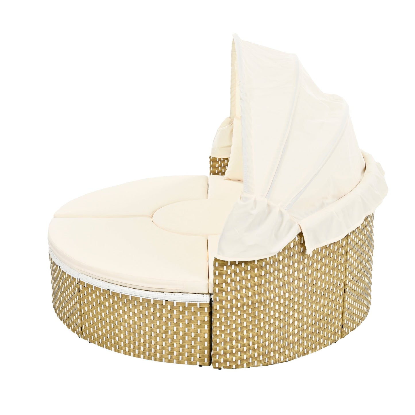 Patio Furniture Round Outdoor Sectional Sofa Set Rattan Daybed Two-Tone Weave Sunbed With Retractable Canopy