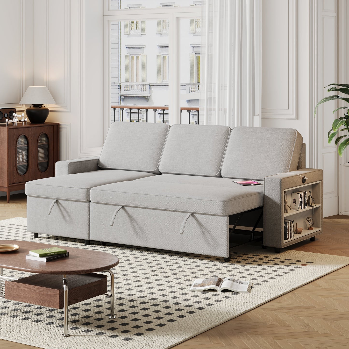 85.8" Pull Out Sleeper Sofa L-Shaped Couch Convertible Sofa Bed With Storage Chaise and Storage Racks,With USB Port