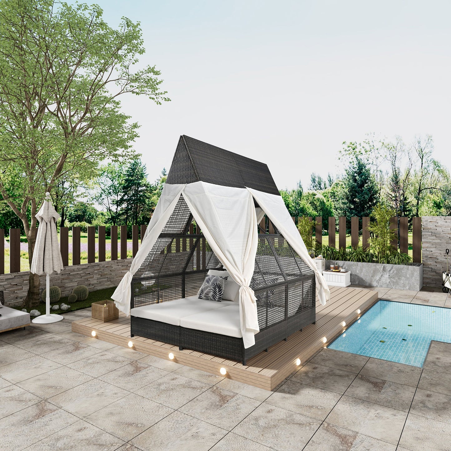 Outdoor Daybed Patio Lounge Bed With Adjustable Backrest Outdoor