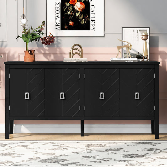 Four-Door Sideboard With Geometric Line Patterns and Vintage Metal Handles for Timeless Elegance