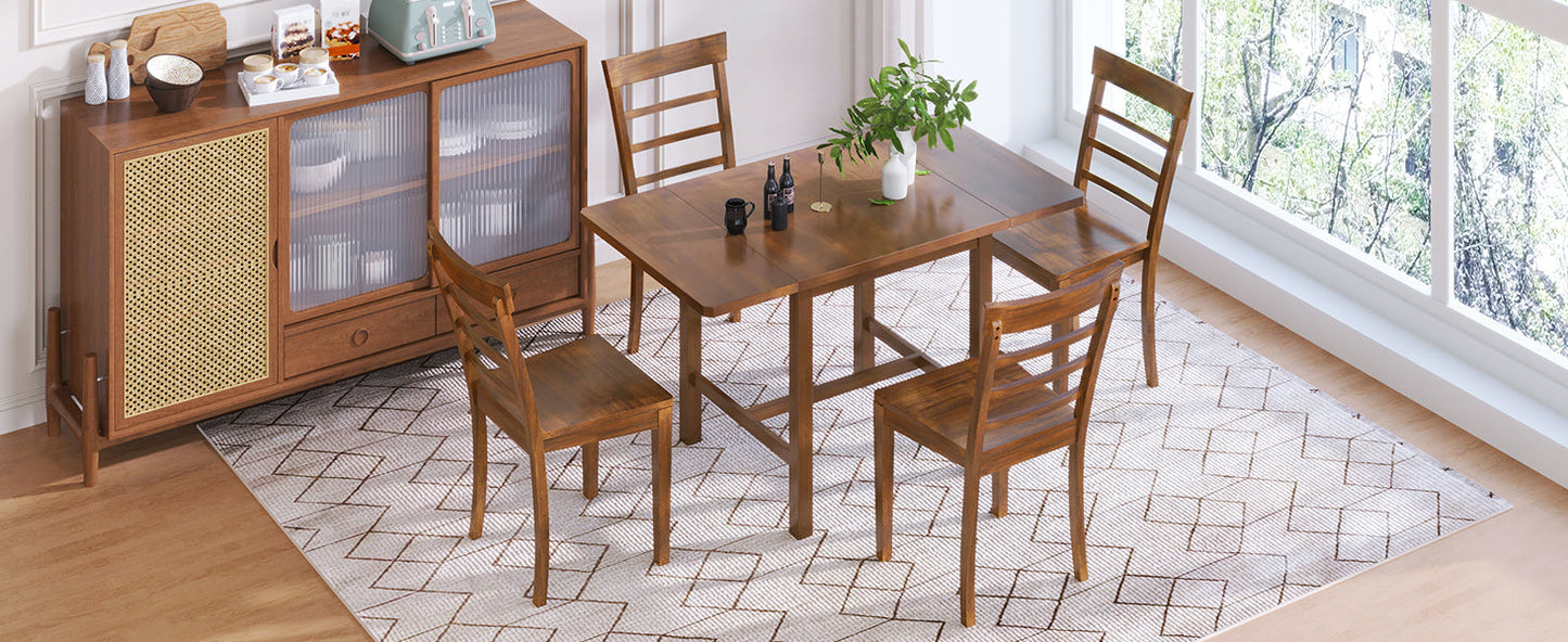 5-Piece Wood Square Drop Leaf Breakfast Nook Extendable Dining Table Set With 4 Ladder Back Chairs for Small Places