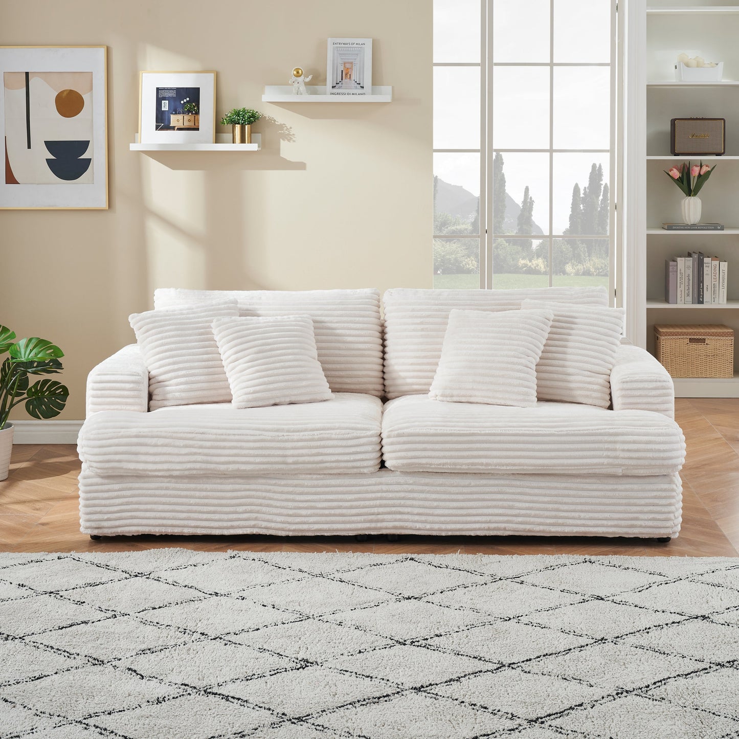 79.3 Inches Long, Corduroy Sofa, With 4 Matching Toss Pillows Sleek Design Spacious and Comfortable 3 Seater Couch