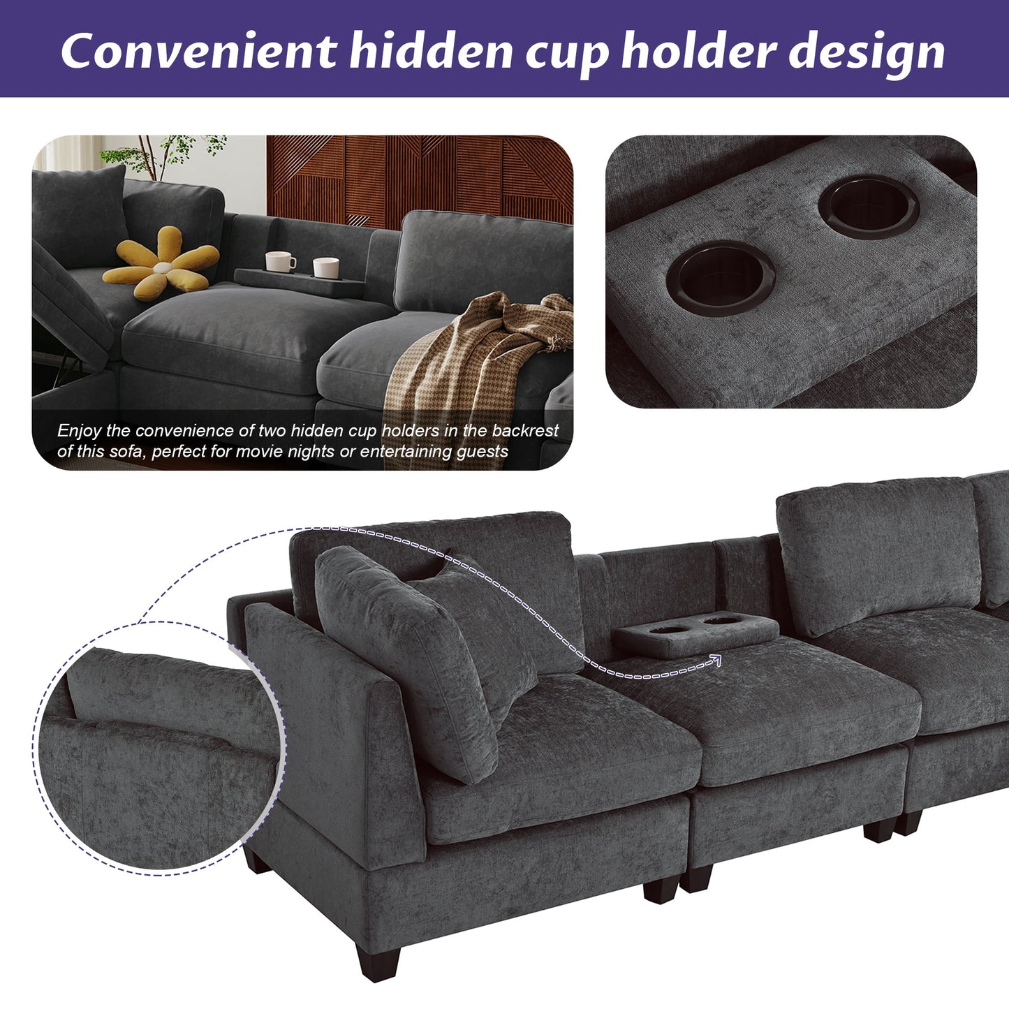 Upholstered Modular Sofa With Removable Storage Ottoman, 2 Hidden Cup Holders, Sectional Sofa for Living Room Apartment