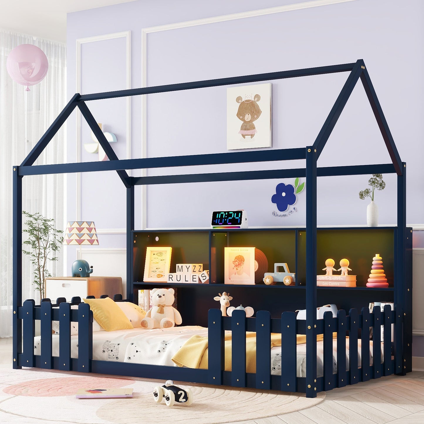 Twin Size House Bed With LED Light, Wood House Bed With Storage Bookshelf, Floor House Bed With Guardrails for Kids