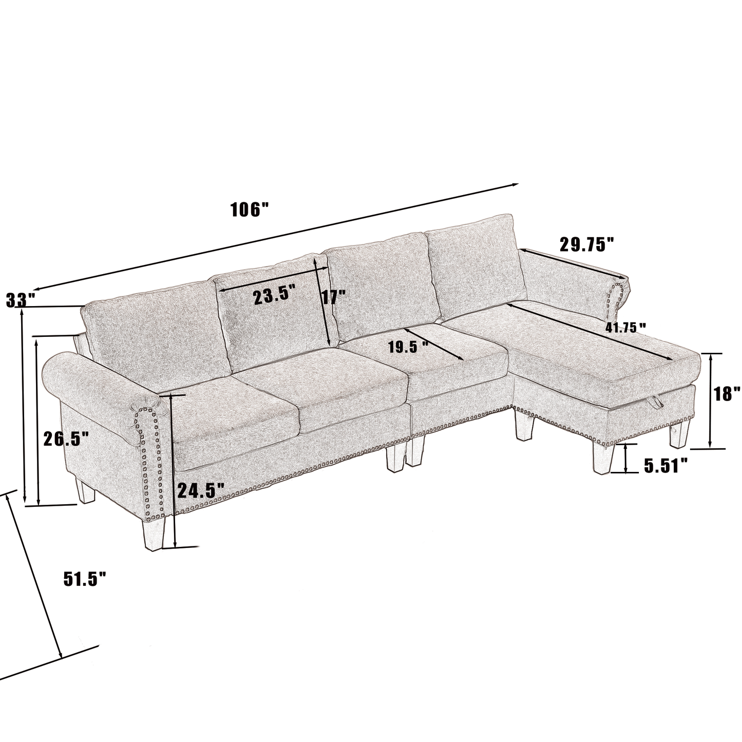 Convertible Sectional Sofa With Storage,L-Shaped Sofa,Four-Seater Sofa,Modern Linen Fabric Sectional Couches for Living