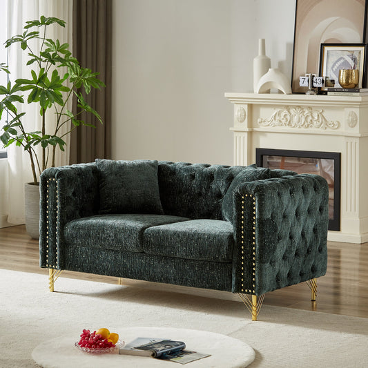 60-Inch Chenille Pull Buckle Design Sofa for Living Room,Buttons Tufted With Copper Nail Decoration Armrest