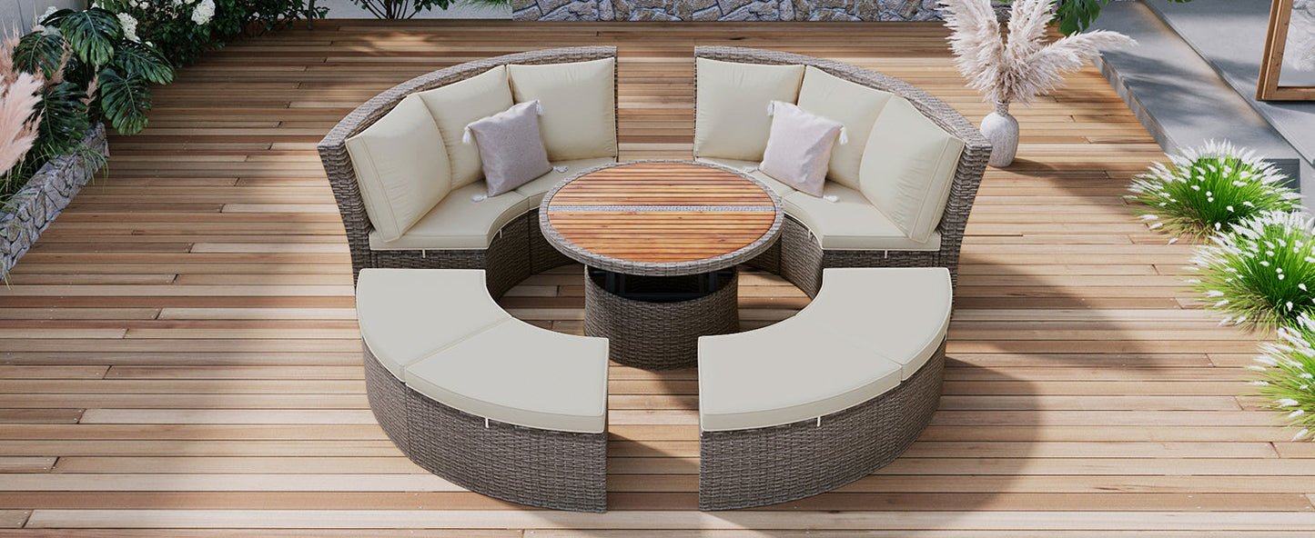 Patio 5-Piece Round Rattan Sectional Sofa Set All-Weather PE Wicker Sunbed Daybed With Round Liftable Table and Washable