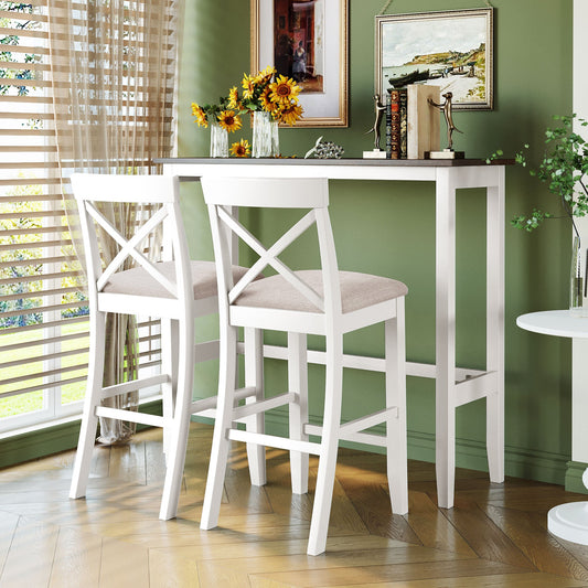 Farmhouse 48"Rectangular Wood Bar Height Dining Set Kitchen Breakfast Nook With 2 Chairs for Small Places,Cherry+White