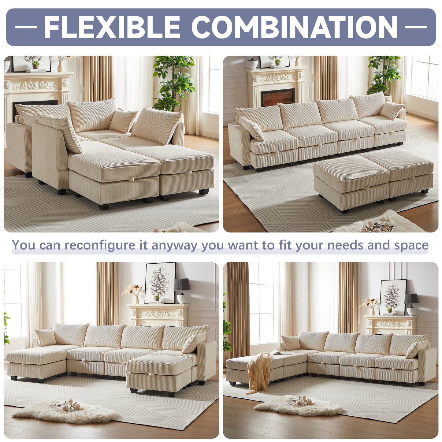 113.5'' Modular Sectiona Corduroy Sofa, Sectional Couches for Living Room U Shaped Sectional Couch With Storage Ottoman