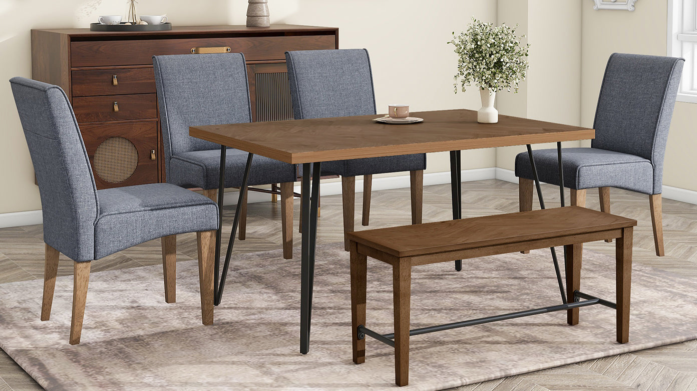 Modern 6-Piece Dining Table Set With V-Shape Metal Legs, Wood Kitchen Table Set With 4 Upholstered Chairs and Bench