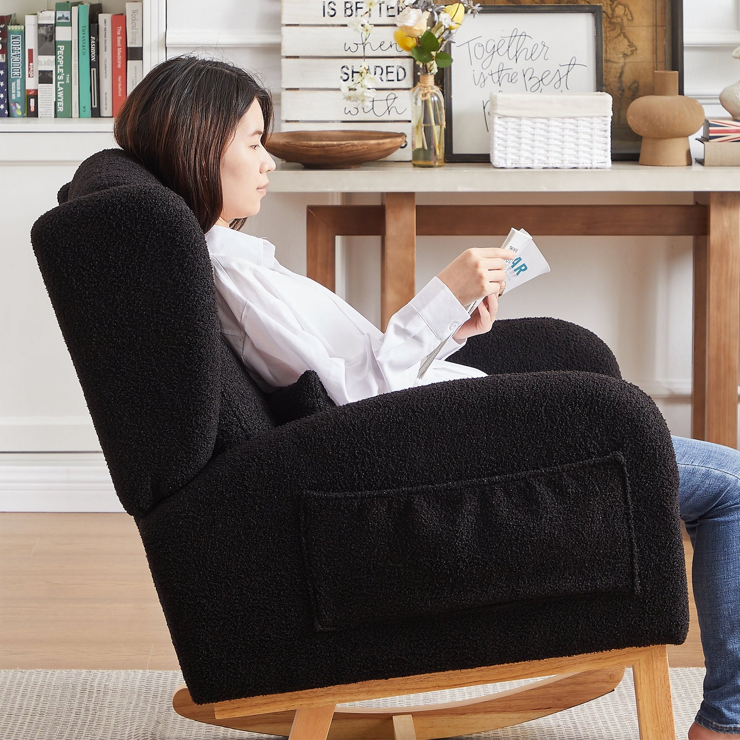 Modern Accent High Backrest Living Room Lounge Arm Rocking Chair, Two Side Pocket
