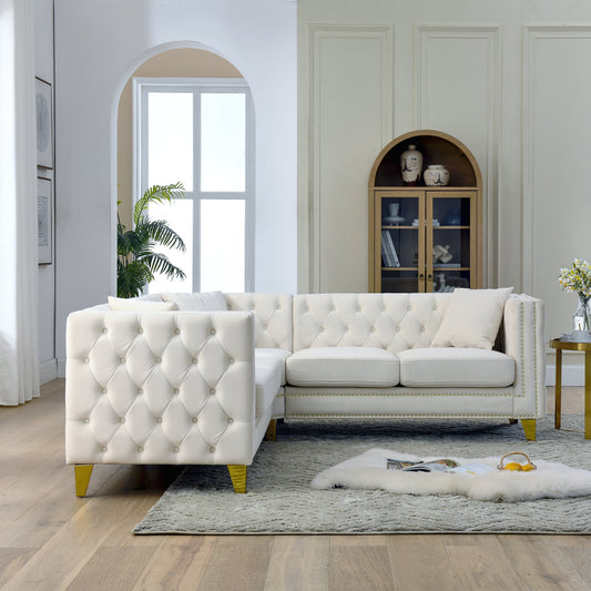 82.2-Inch Velvet Corner Sofa Covers, L-Shaped Sectional Couch, 5-Seater Corner Sofas With 3 Cushions for Living Room, Beige