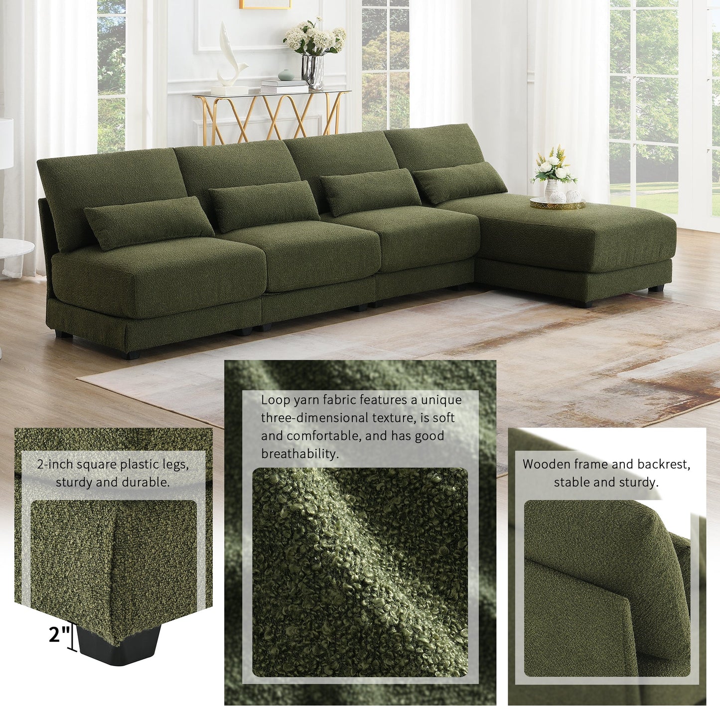 120*61" Oversized Deep Seat Sectional Sofa With Reversible Chaise,Loop Yarn Fabric 5-Seat Armless Indoor Furniture