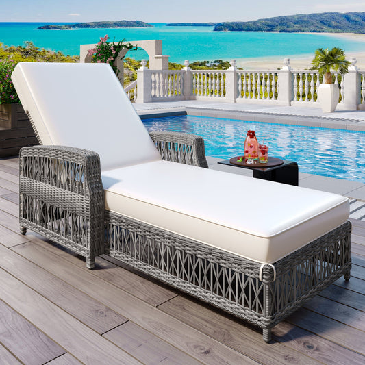 GO Outdoor Long Reclining Chaise, Wicker Lounge With Armrests, Patio Adjustable Recliner With Soft Removable Cushions