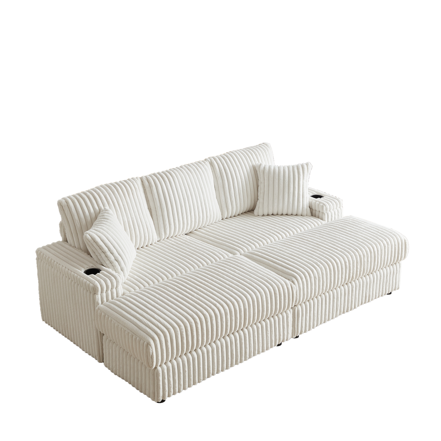 84Inch Corduroy 3-Seater Sofa With 3 Back Pillows ,2 Toss Pillows , a Ottoman ,2storage Spaces and Cup-Holding Grooves
