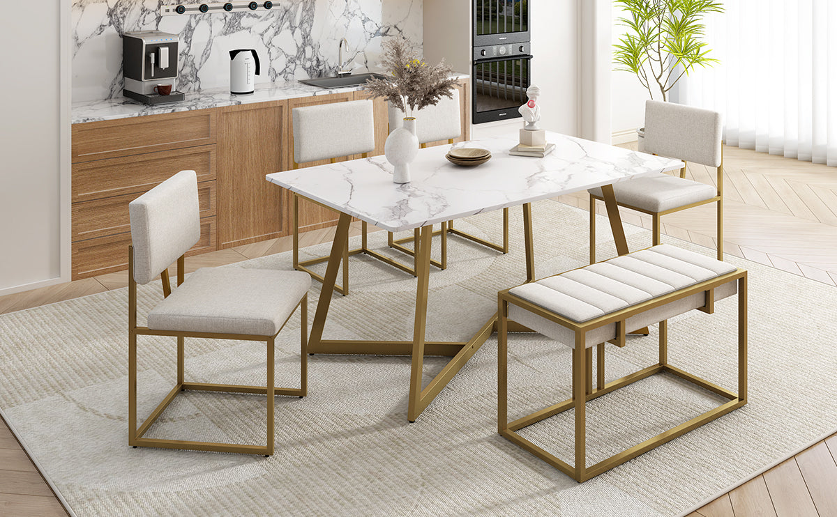 Modern Faux Marble 6-Piece Dining Table Set,60inch Metal Kitchen Table Set With Upholstered Dining Chairs and Bench