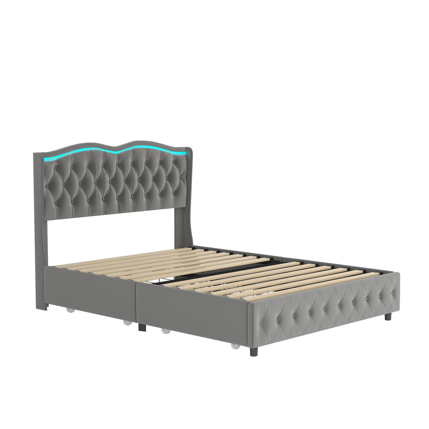 Queen Platform Bed Frame , Velvet Upholstered Bed With Deep Tufted Buttons and Nailhead Trim, Adjustable Colorful LED