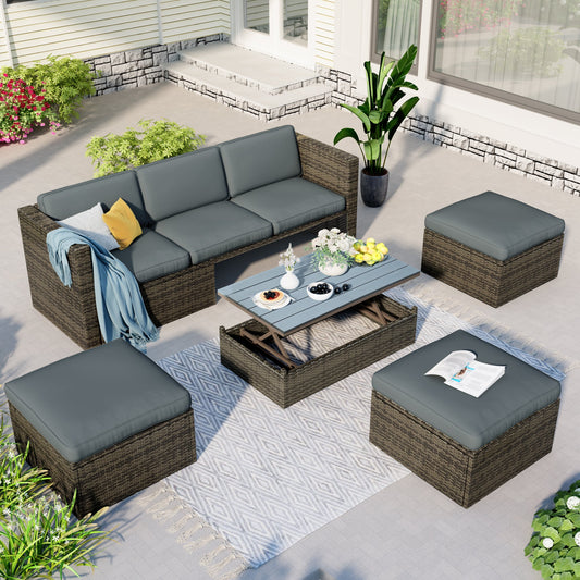 Patio Furniture Sets, 5-Piece Patio Wicker Sofa With Adustable Backrest, Cushions, Ottomans and Lift Top Coffee Table