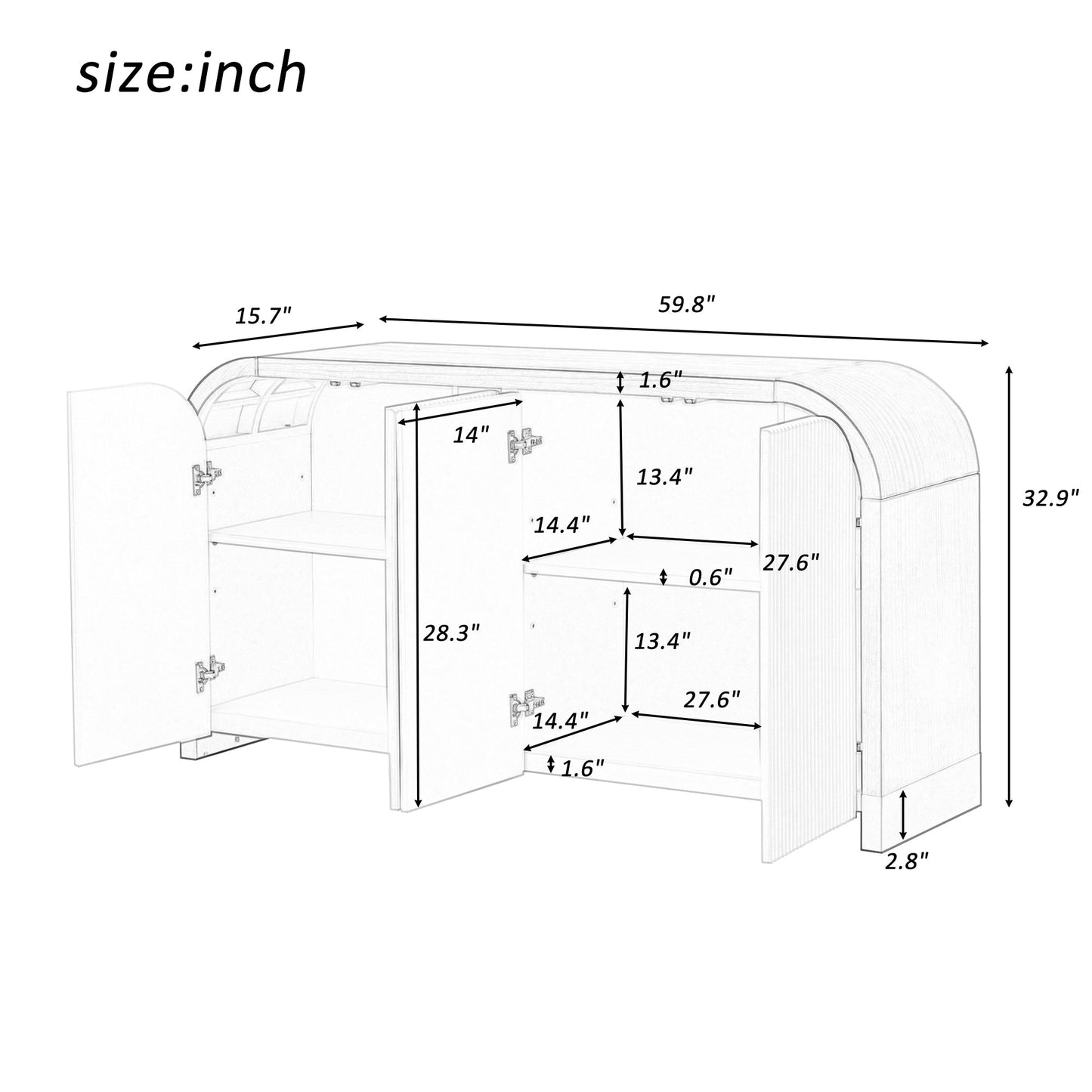 4-Door Curved Corner Design Wavy Door Panel  Cabinet With Adjustable Shelves, Suitable for Study, Living Room